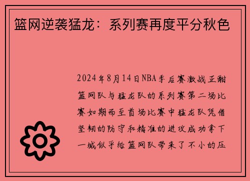 篮网逆袭猛龙:系列赛再度平分秋色